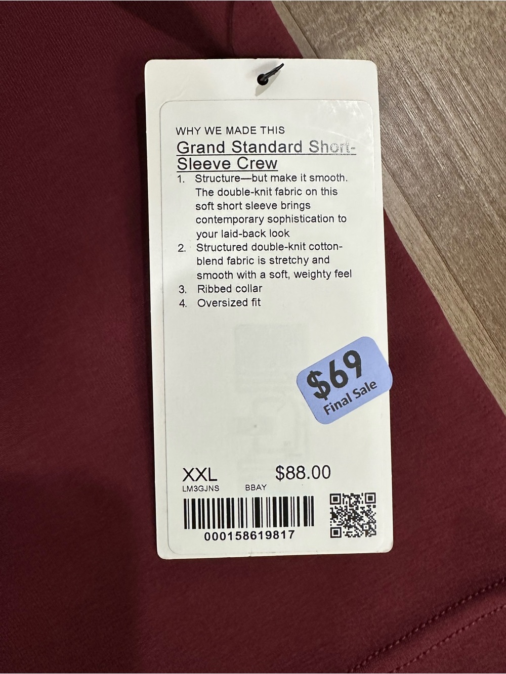 Lululemon grand standard short sleeve crew XXL (burgundy bay) - NWT - Picture 3 of 6